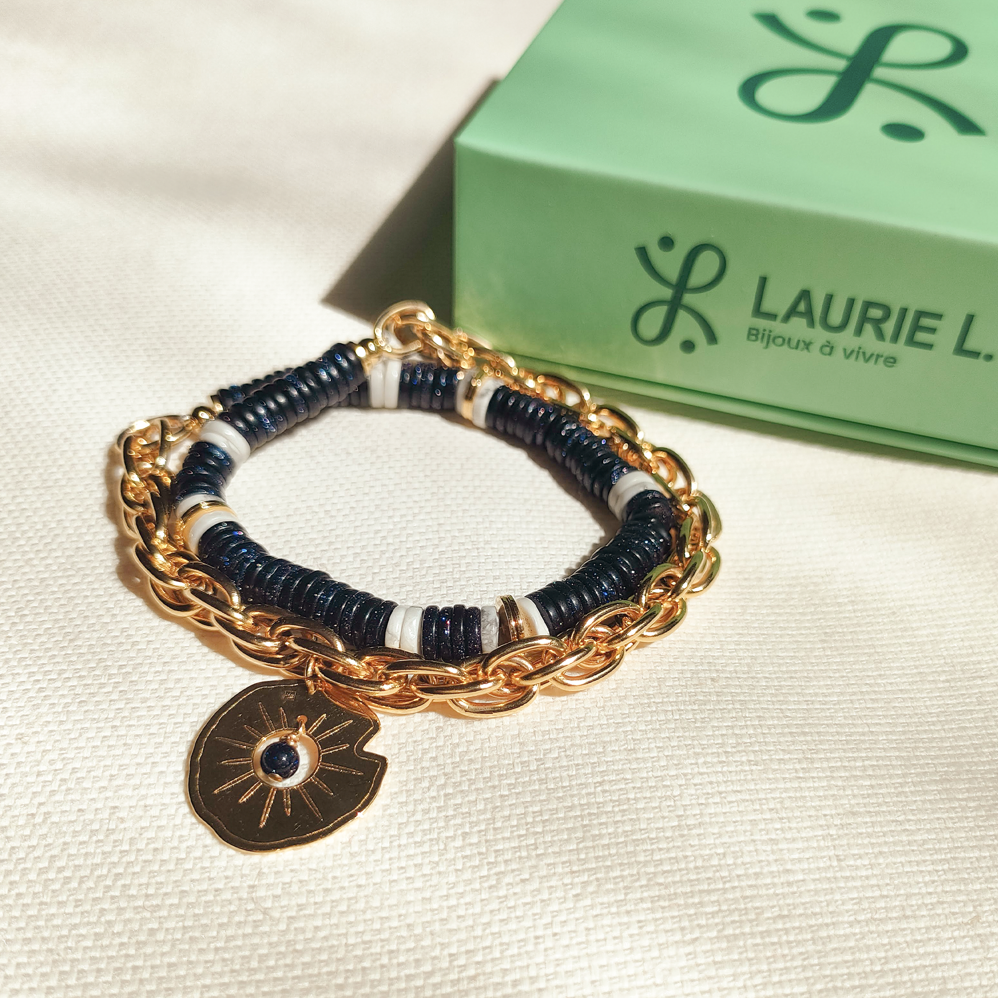 Bracelet femme double tour plaqué Or et pierres naturelles sans fermoir