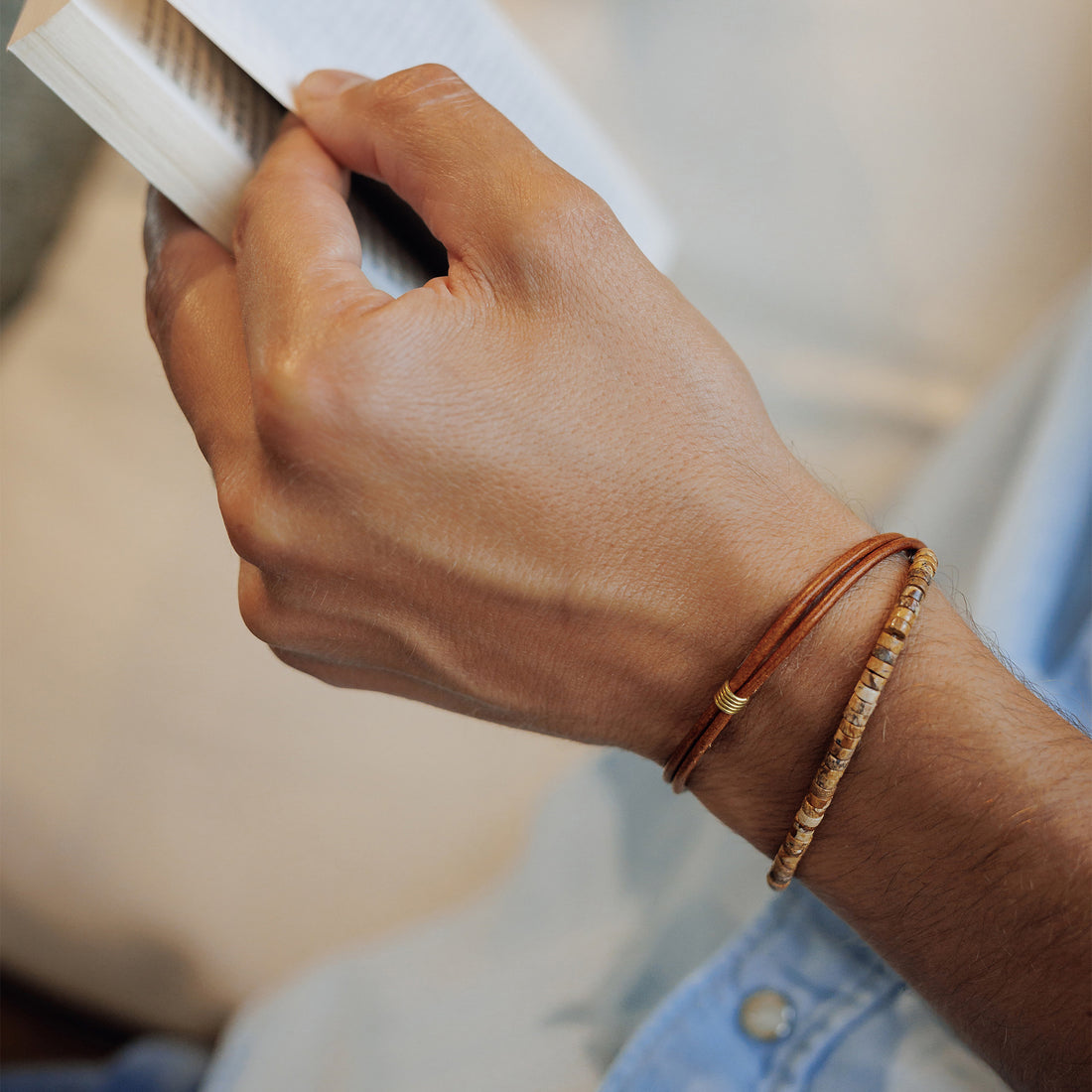 Bracelet homme double tour sans fermoir pierres natruelles